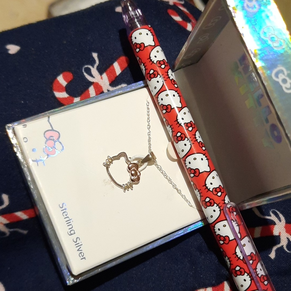 AUTHENTIC HELLO KITTY SOLID STERLING SILVER NECKLACE ROSE 🌹 GOLD BOW & FREE PEN
